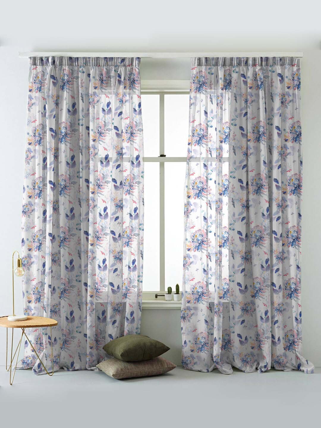 

SPACES Set Of 2 Blue Elegent Floral Print Sheer Semi Transparent Long Door Curtain 9 Ft, White