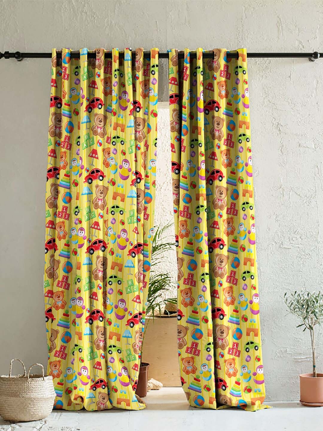 

SPACES Kids Set Of 2 Yellow Quirky Print Satin Room Darkening Window Curtain 5 Ft