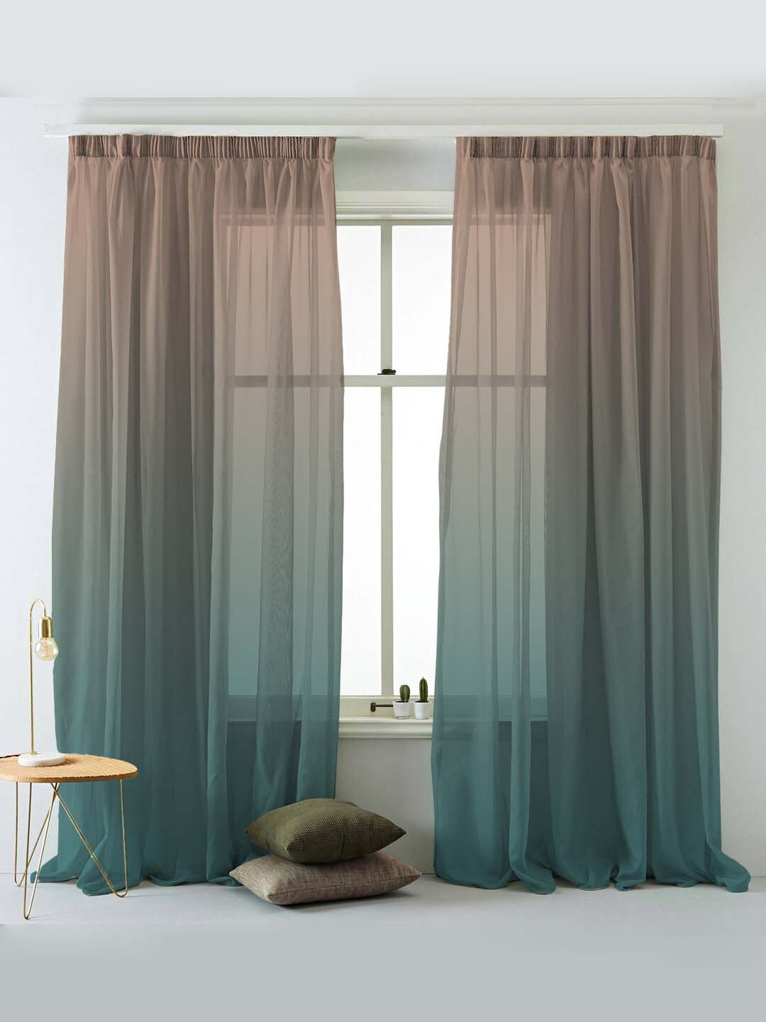 

SPACES Elegent Set Of 2 Teal Ombre Print Sheer Semi Transparent Long Door Curtain 9 Ft, Turquoise blue