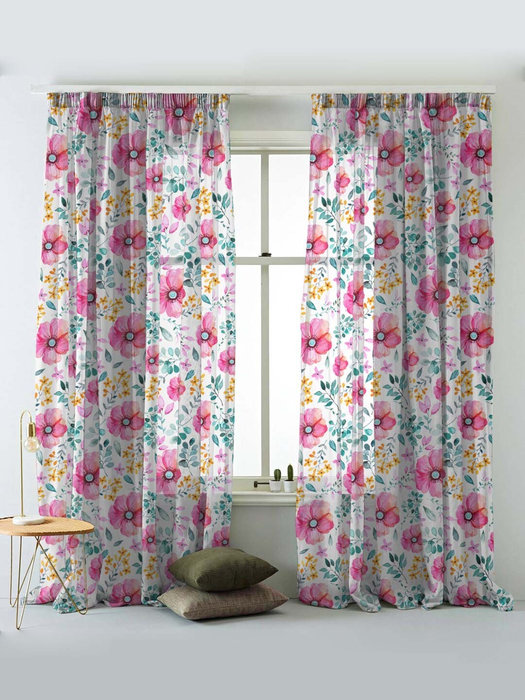 

SPACES Set Of 2 Pink Elegent Floral Print Sheer Semi Transparent Window Curtain 5 Ft, White