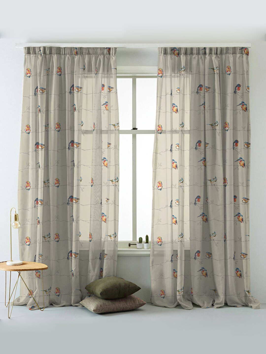 

SPACES Elegent Set Of 2 Beige Quirky Print Sheer Semi Transparent Window Curtain 5 Ft