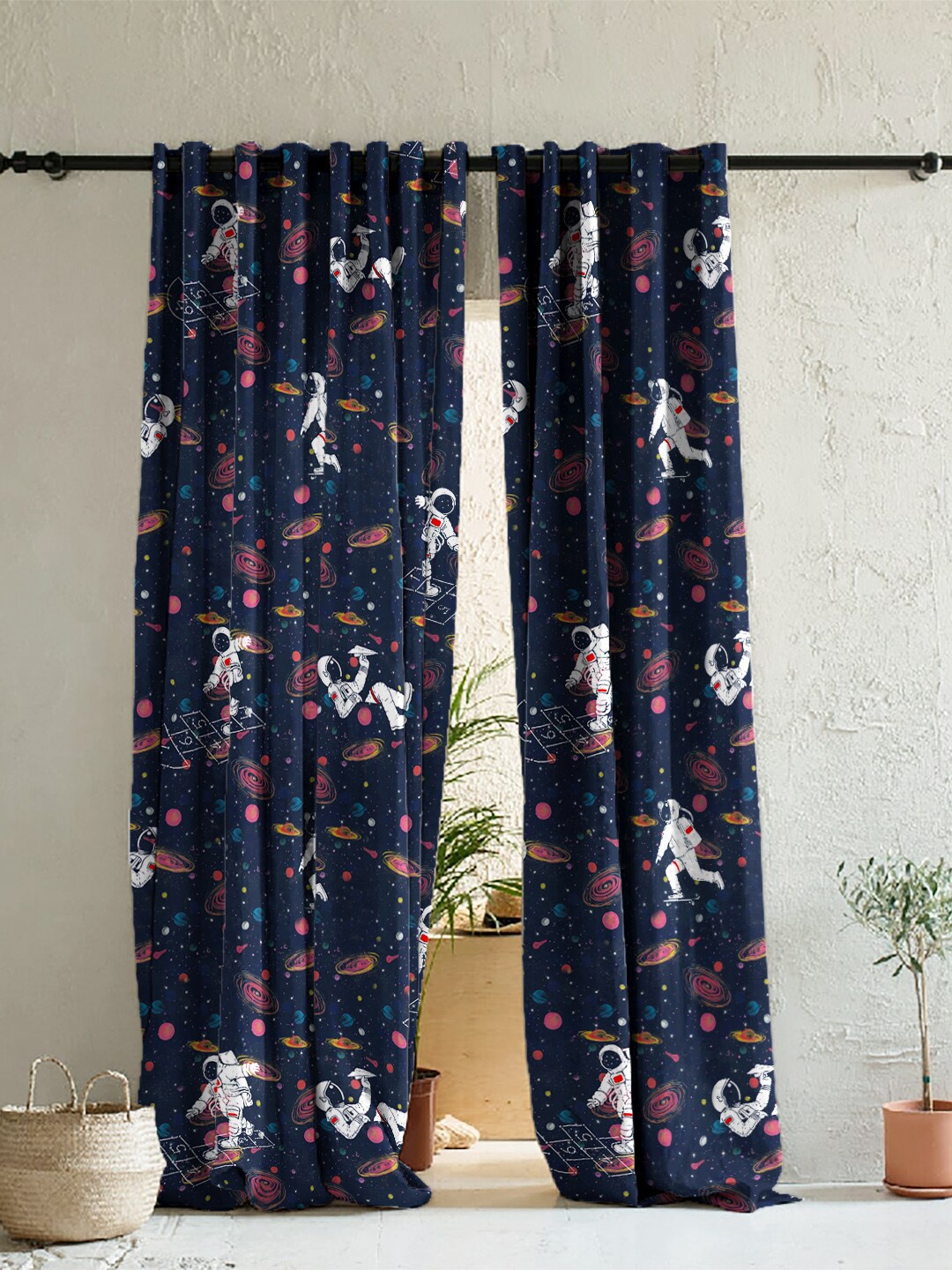 

SPACES Set Of 2 Blue Quirky Print Satin Room Darkening Window Curtain 5 Ft