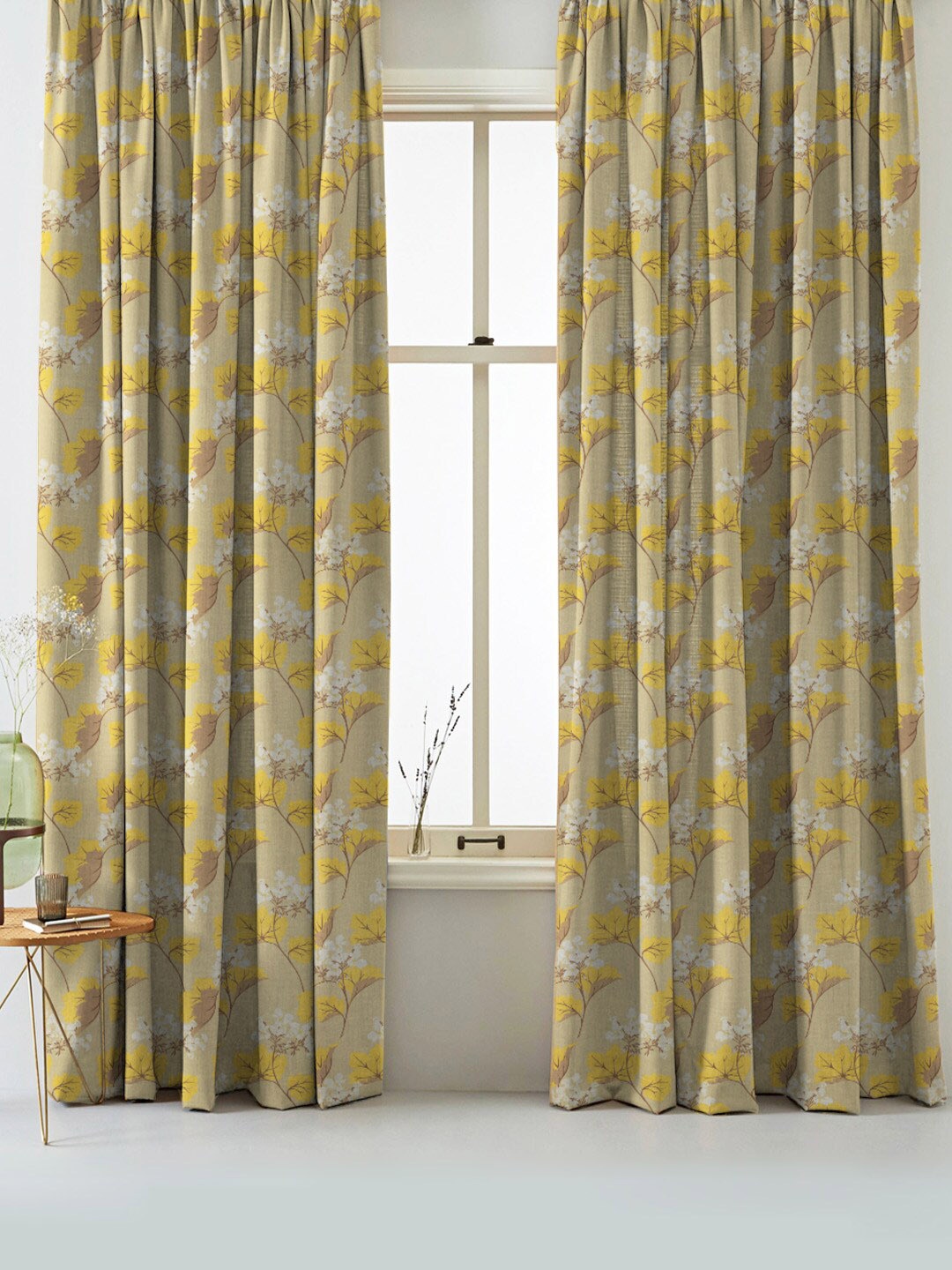 

SPACES Set Of 2 Yellow Elegent Floral Print Matt Finish Black Out Window Curtain 5 Ft