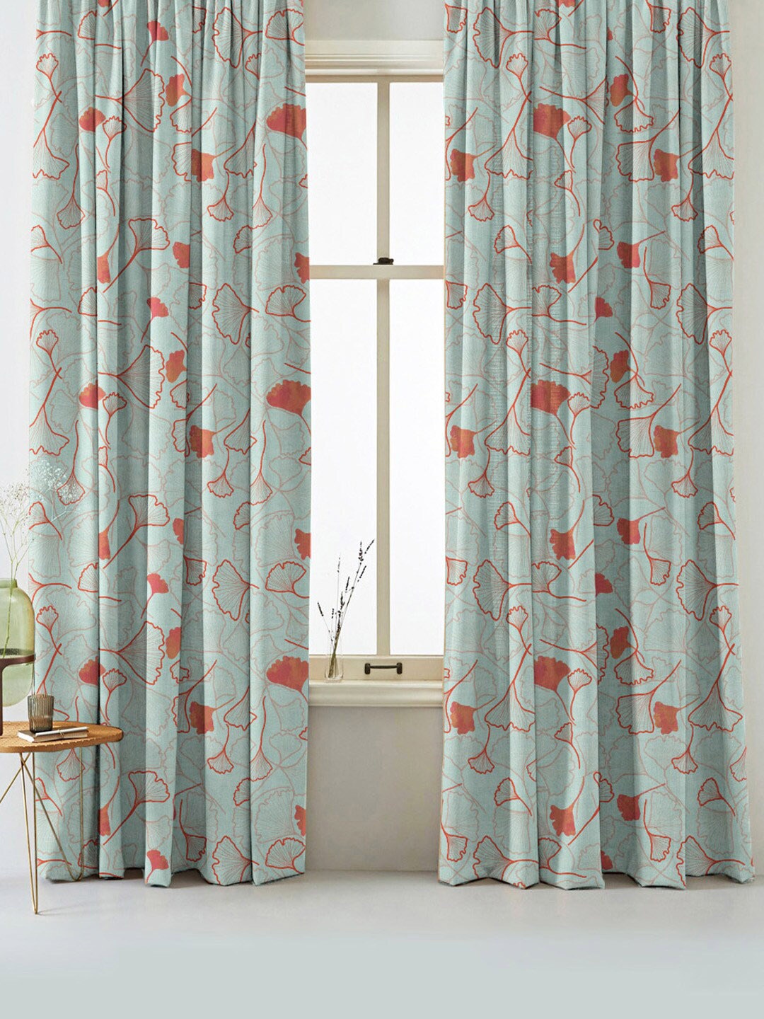 

SPACES Set Of 2 Turquoise Elegent Floral Print Matt Finish Black Out Window Curtain 5 Ft, Turquoise blue