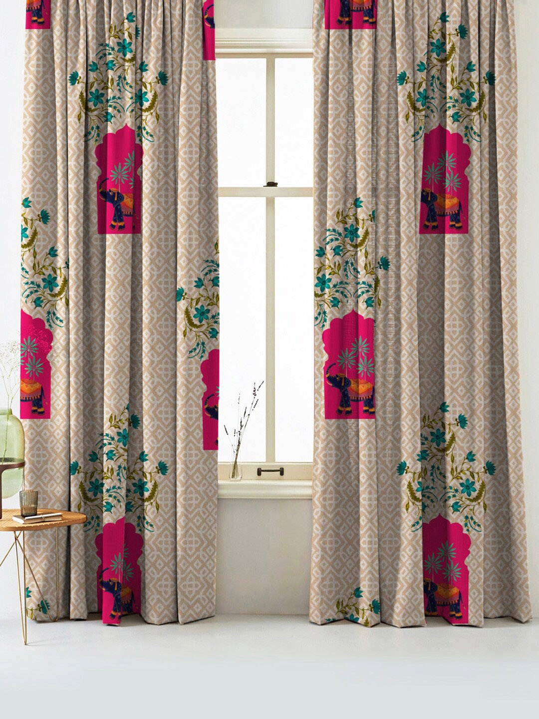 

SPACES Set Of 2 Pink Elegent Ethenic Print Matt Finish Black Out Long Door Curtain 9 Ft, Champagne