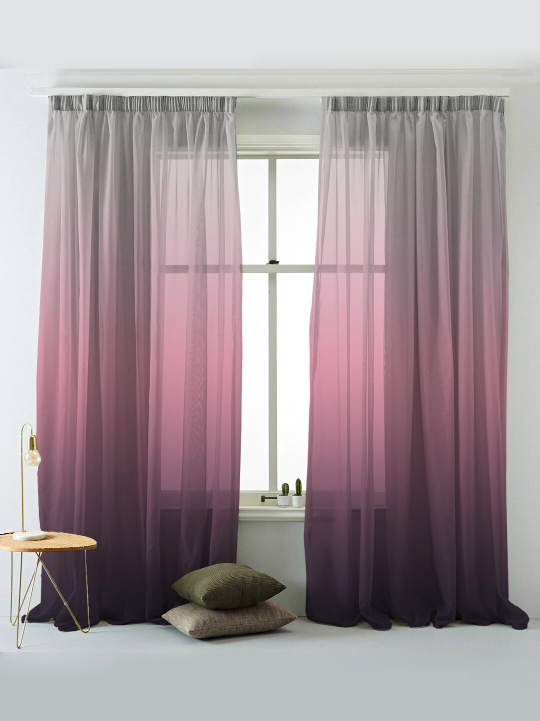 

SPACES Set Of 2 Pink Elegent Ombre Print Sheer Semi Transparent Long Door Curtain 9 Ft