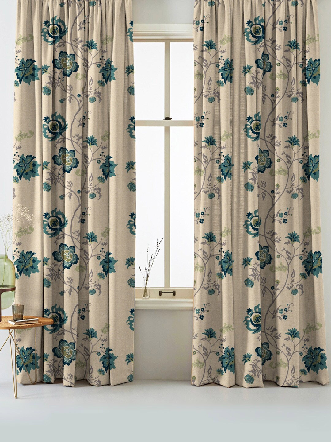 

SPACES Set Of 2 Teal Elegent Floral Print Matt Finish Black Out Window Curtain 5 Ft, Beige