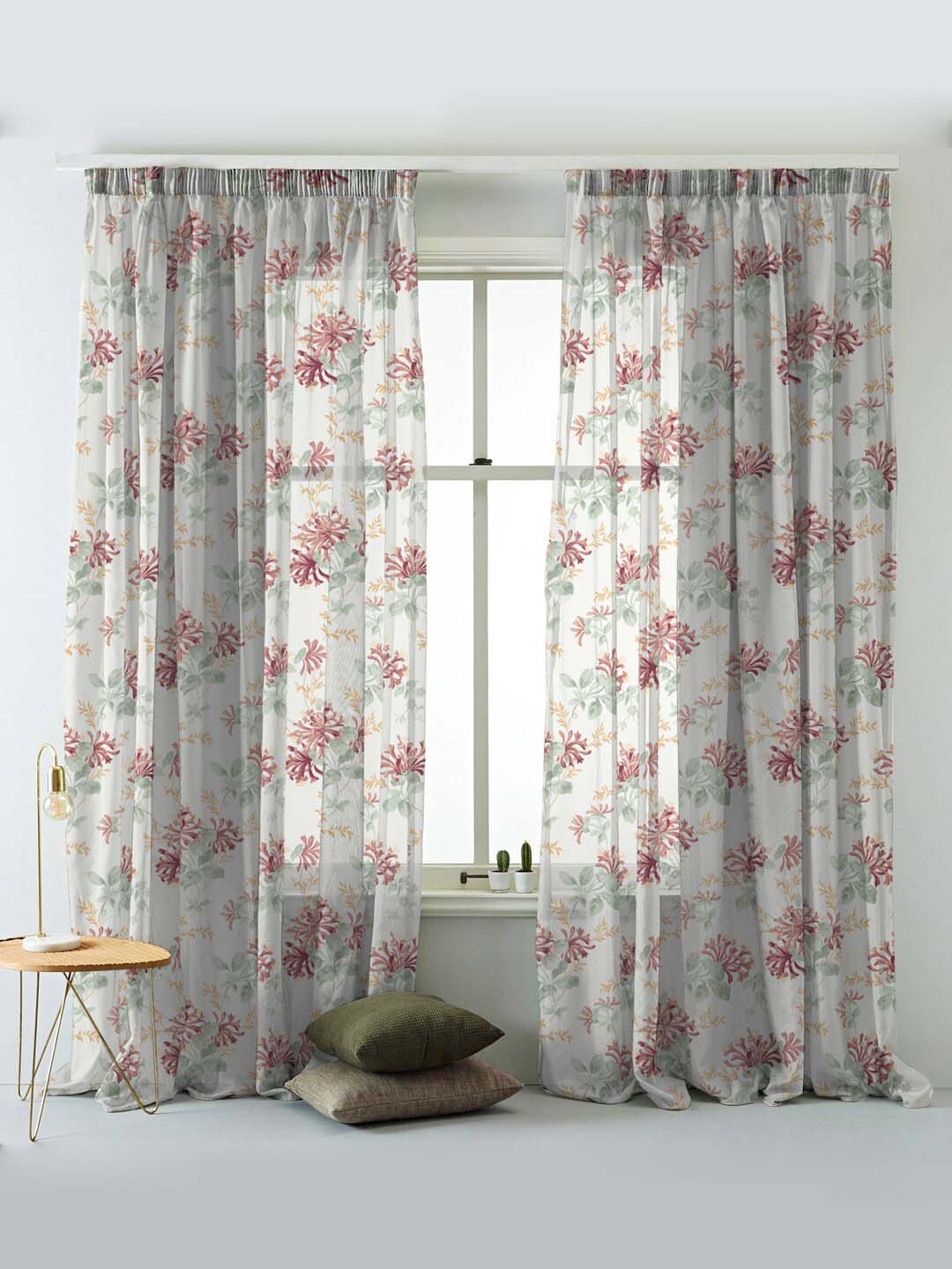 

SPACES Set Of 2 Maroon Elegent Floral Print Sheer Semi Transparent Long Door Curtain 9 Ft, White