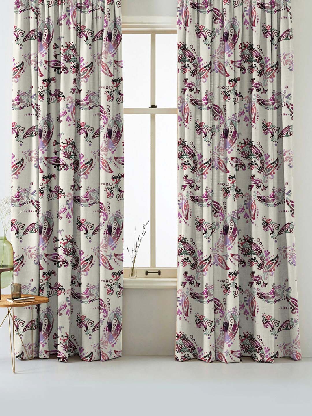 

SPACES Set Of 2 Violet Elegent Floral Print Matt Finish Black Out Window Curtain 5 Ft, Beige