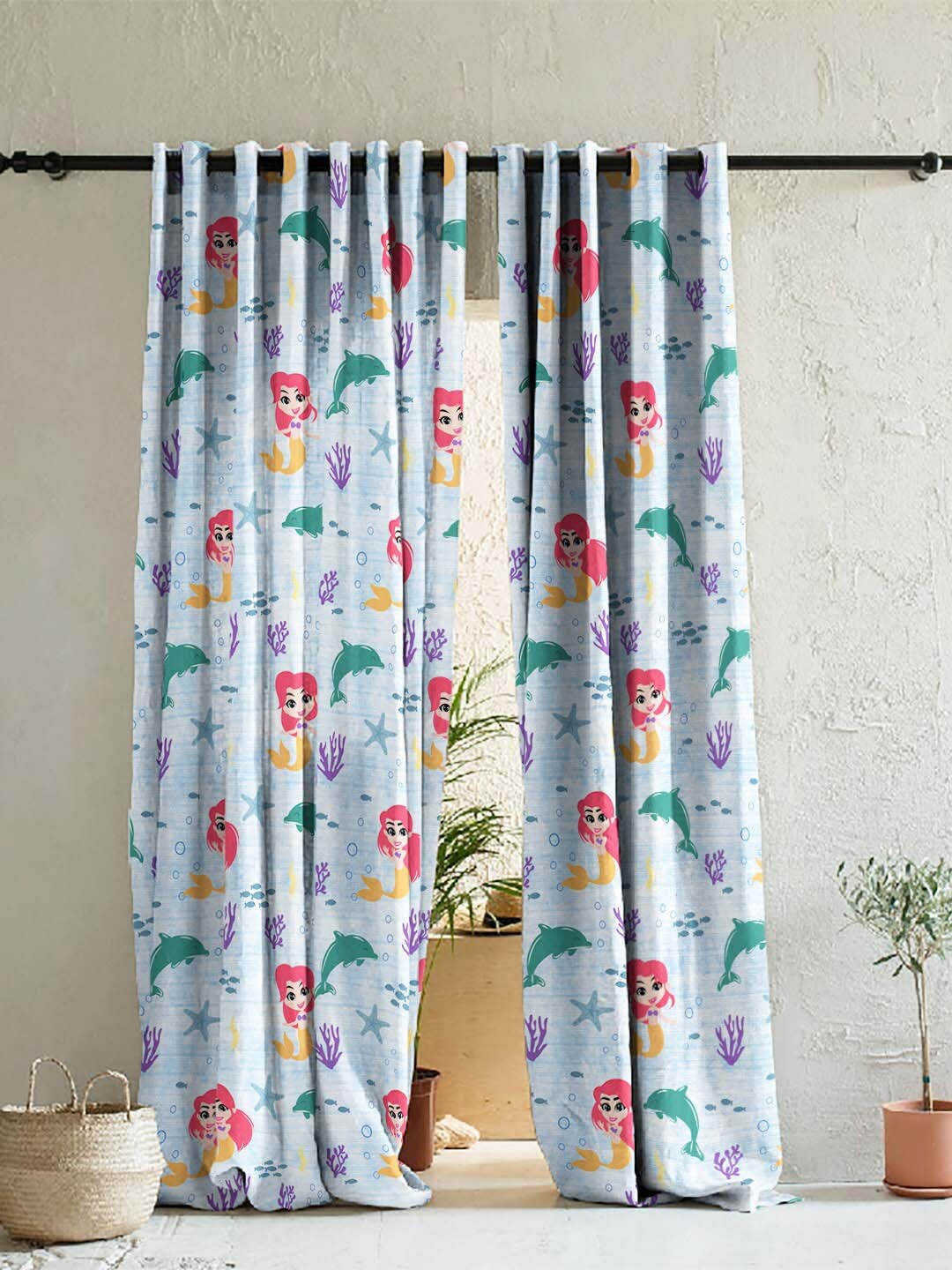 

SPACES Set Of 2 Blue Kids Set Of 2 Blue Quirky Print Satin Room Darkening Door Curtain 7 Ft