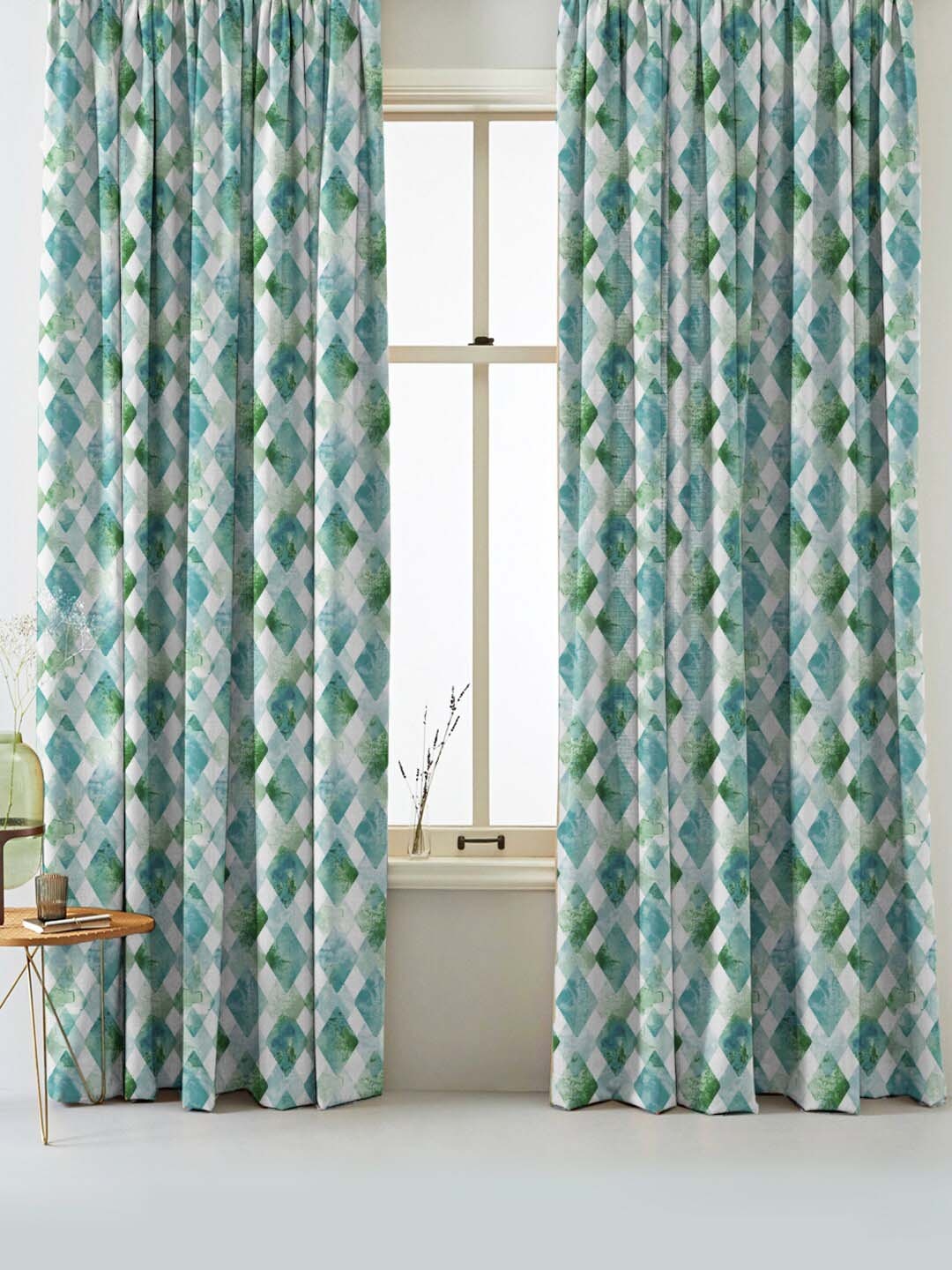 

SPACES Set Of 2 Teal Elegent Geometric Print Matt Finish Black Out Window Curtain 5 Ft, Green