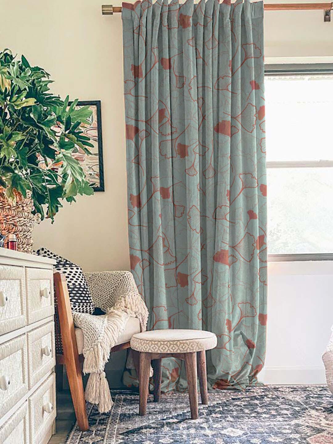 

SPACES Set Of 2 Turquoise Elegent Floral Print Matt Finish Black Out Door Curtain 7 Ft, Turquoise blue