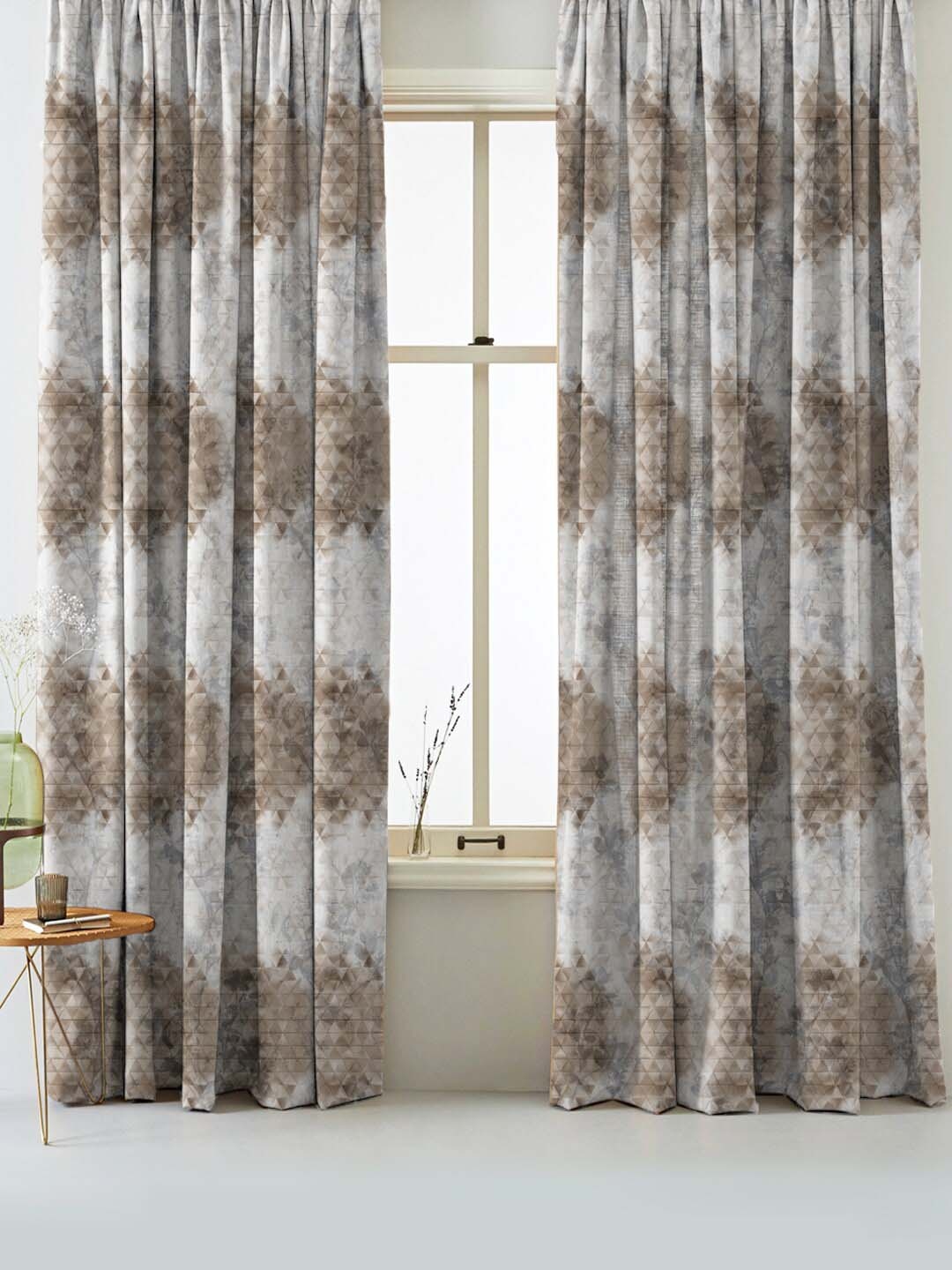 

SPACES Set Of 2 Brown Elegent Geometric Print Matt Finish Black Out Long Door Curtain 9 Ft, Grey