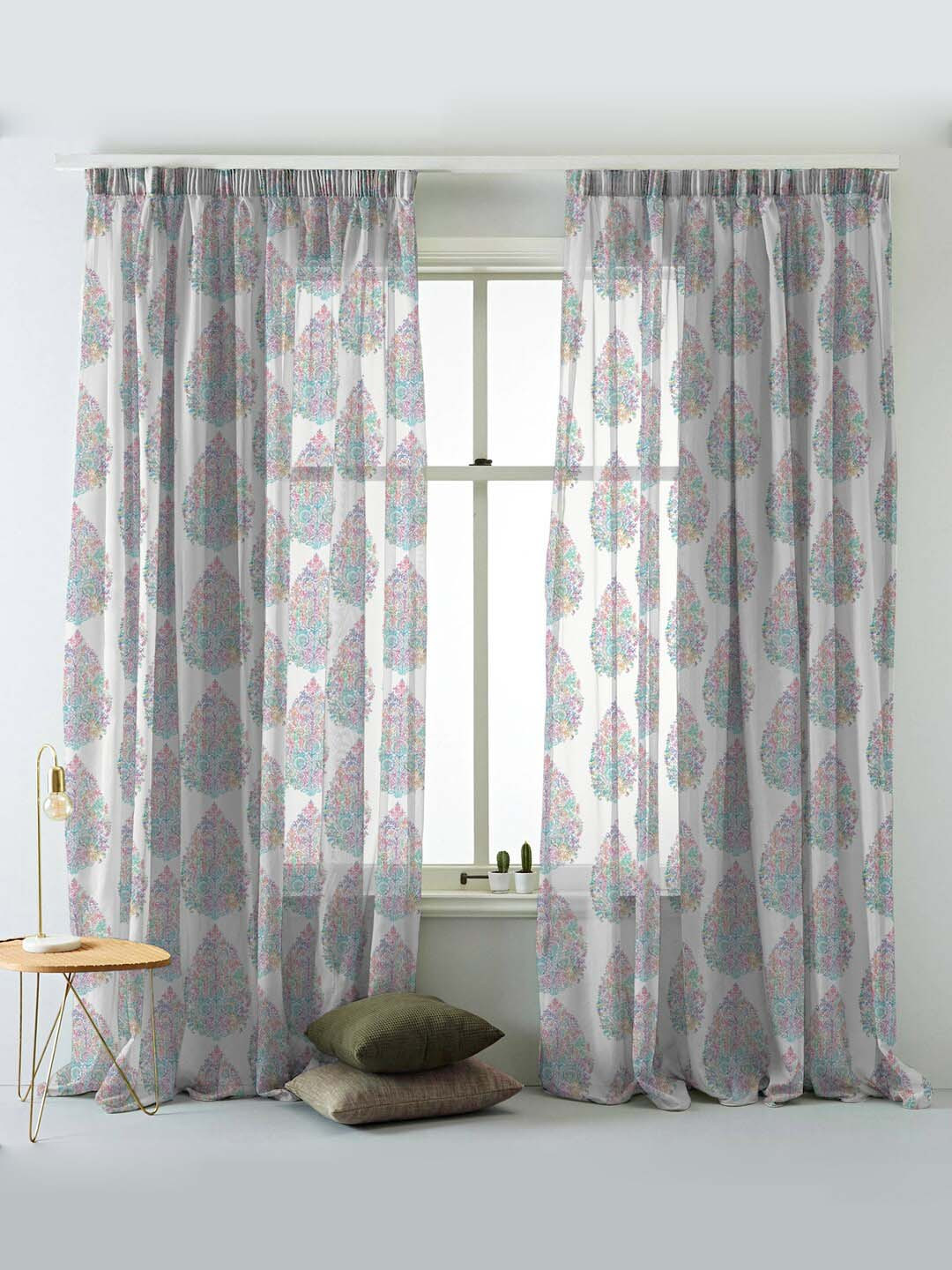 

SPACES Set Of 2 Multicolor Elegent Floral Print Sheer Semi Transparent Long Door Curtain 9 Ft, Grey