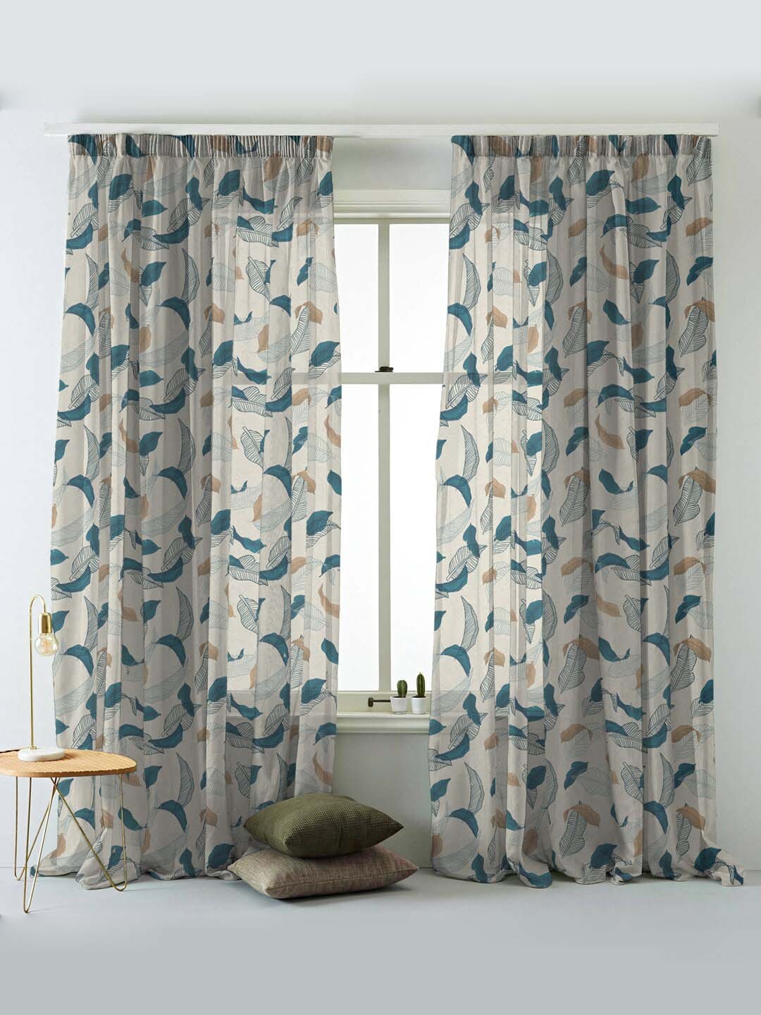 

SPACES Set Of 2 Teal Elegent Freedom Print Sheer Semi Transparent Window Curtain 5 Ft, Off white