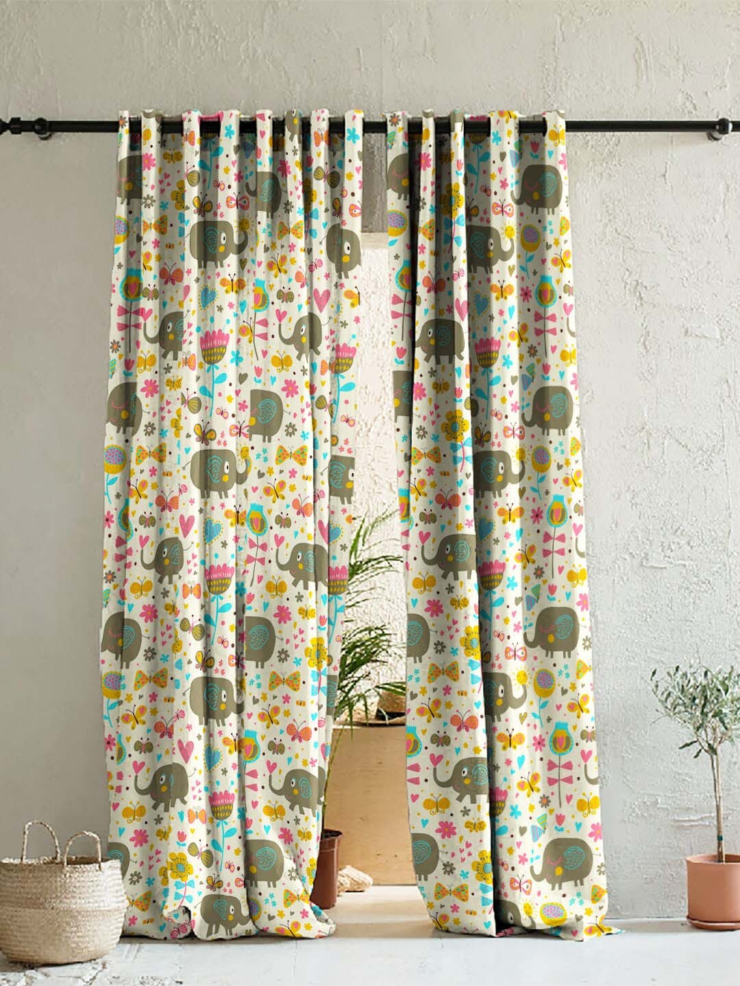 

SPACES Kids Set Of 2 Yellow Quirky Print Satin Room Darkening Window Curtain 5 Ft, White