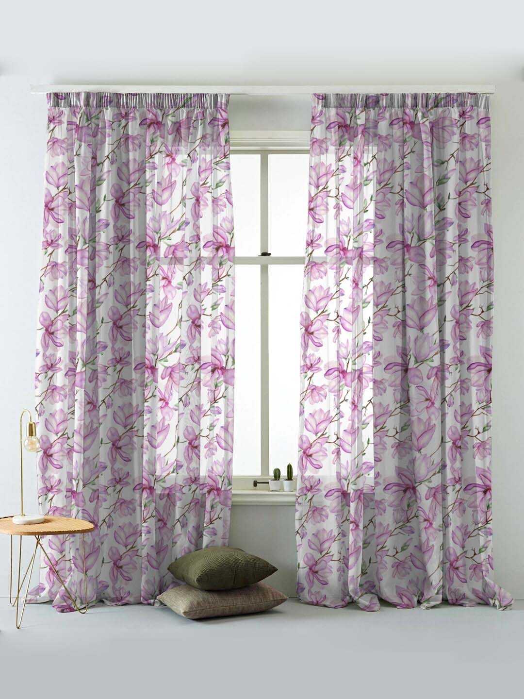 

SPACES Set Of 2 Blue Elegent Floral Print Sheer Semi Transparent Window Curtain 5 Ft, White