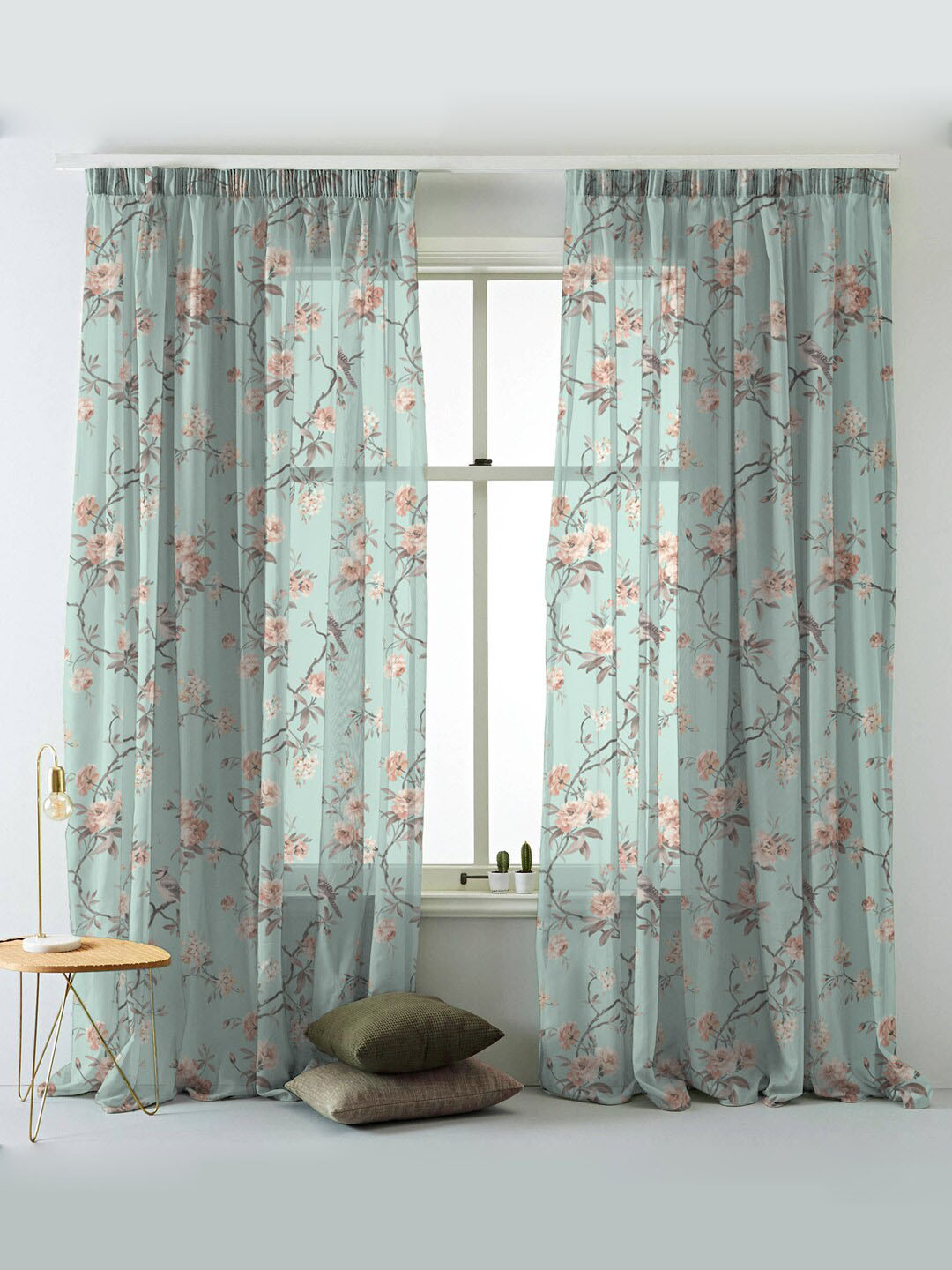 

SPACES Set Of 2 Brown Elegent Floral Print Sheer Semi Transparent Window Curtain 5 Ft, Blue