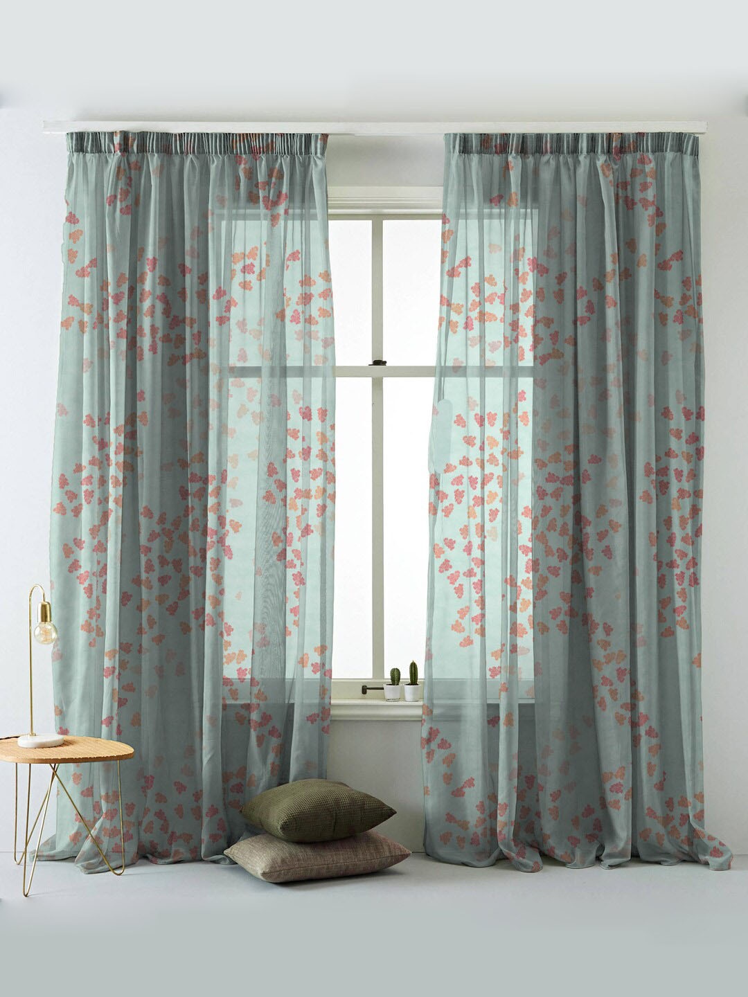

SPACES Set Of 2 Turquoise Elegent Coral Print Sheer Semi Transparent Window Curtain 5 Ft, Green
