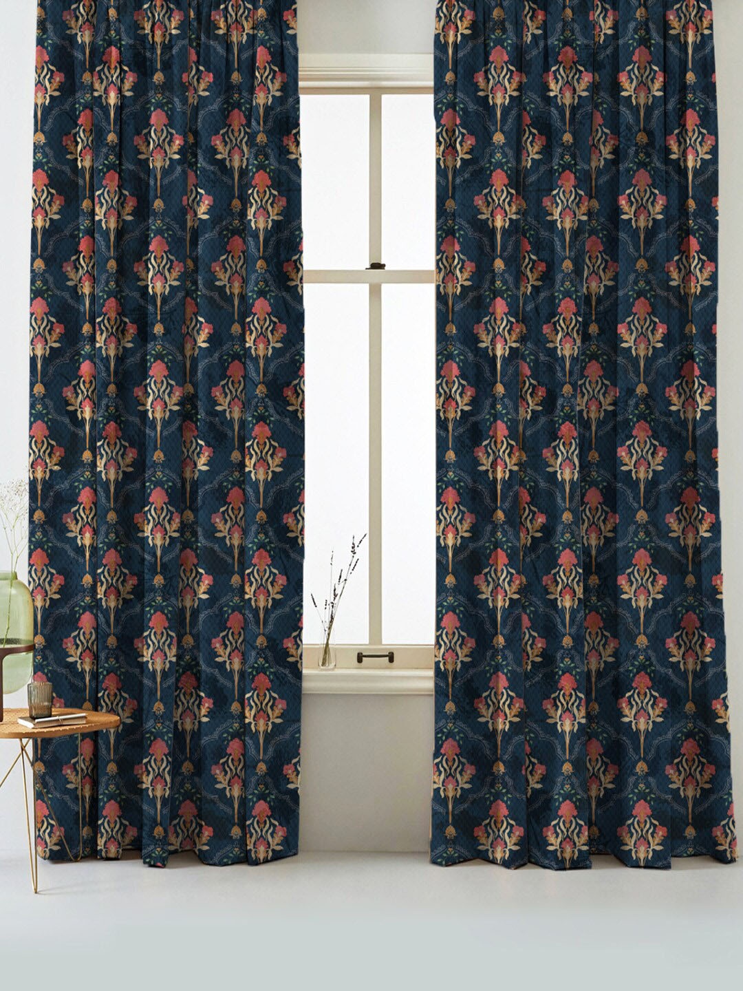 SPACES Set Of 2 Blue Elegent Ethenic Print Matt Finish Black Out Long Door Curtain 9 Ft