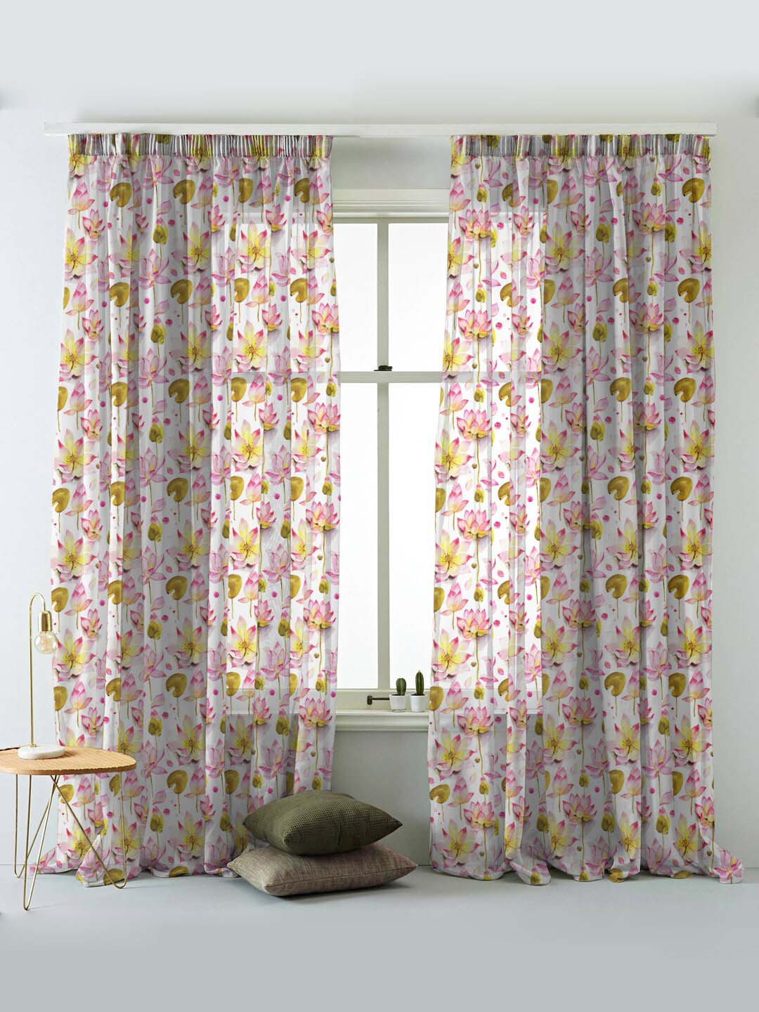 

SPACES Set Of 2 Pink Elegent Floral Print Sheer Semi Transparent Window Curtain 5 Ft, White