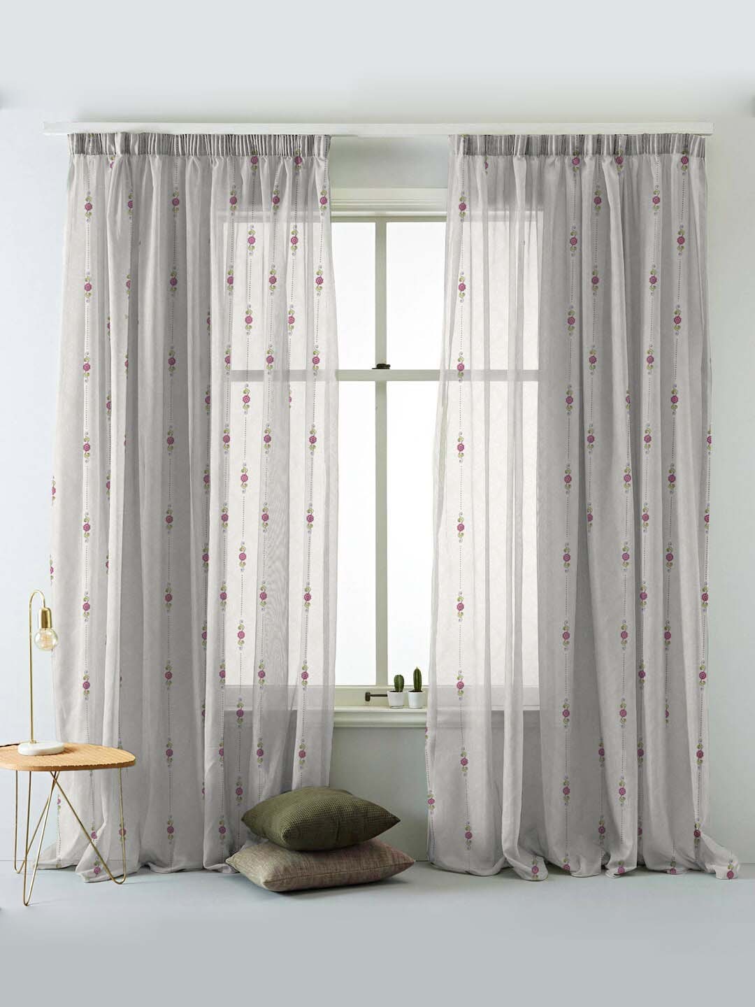

SPACES Set Of 2 Beige Elegent Floral Print Sheer Semi Transparent Long Door Curtain 9 Ft