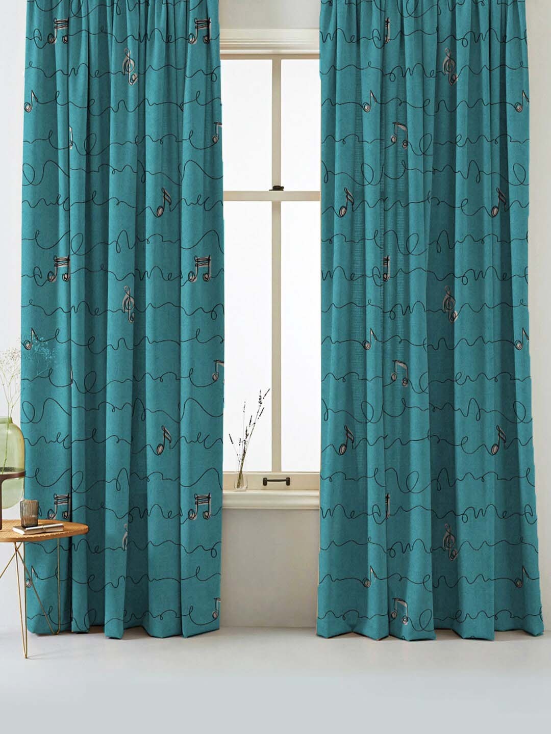 

SPACES Set Of 2 Teal Elegent Abstract Print Matt Finish Black Out Door Curtain 7 Ft
