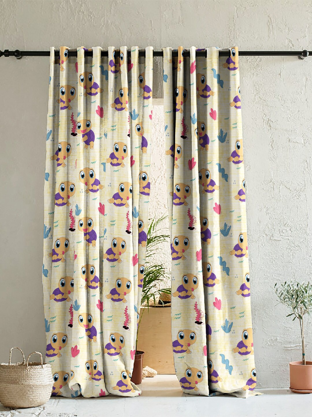 

SPACES Kids Set Of 2 Yellow Quirky Print Satin Room Darkening Window Curtain 5 Ft