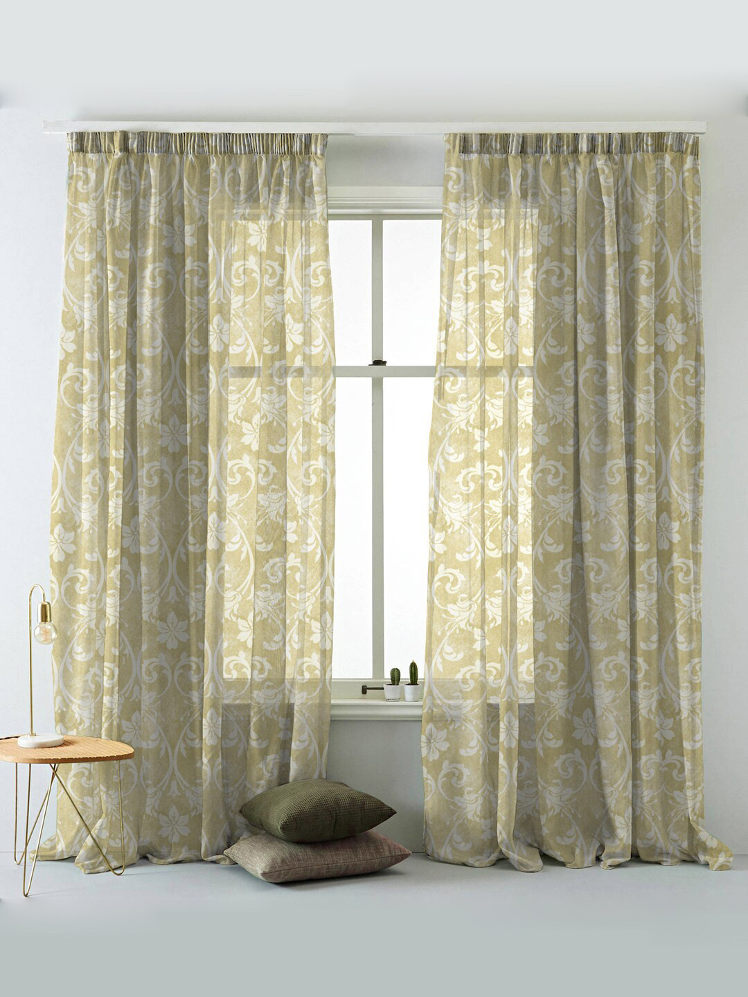 

SPACES Set Of 2 Yellow Elegent Ethnic Print Sheer Semi Transparent Door Curtain 7 Ft