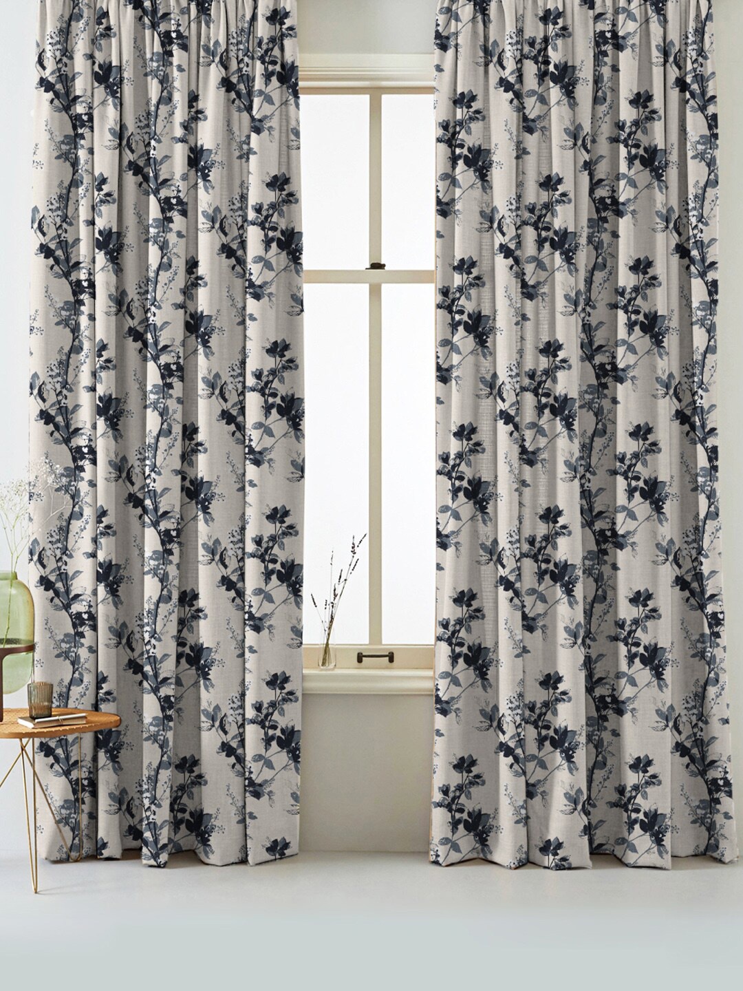 SPACES Set Of 2 Grey Elegent Floral Print Matt Finish Black Out Long Door Curtain 9 Ft