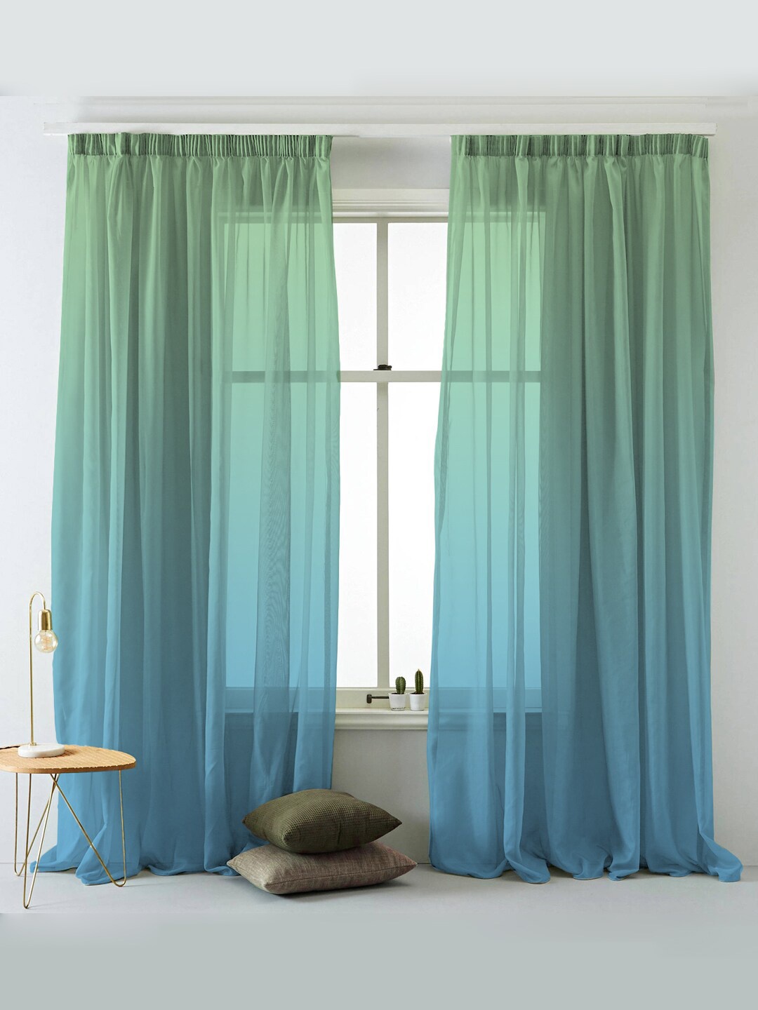 

SPACES Set Of 2 Blue Elegent Ombre Print Sheer Semi Transparent Door Curtain 7 Ft