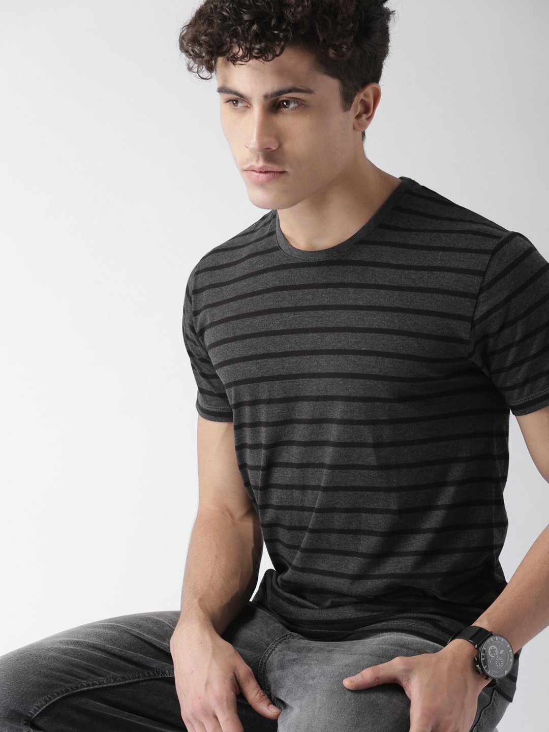 

HIGHLANDER Men Charcoal Grey & Black Striped T-shirt