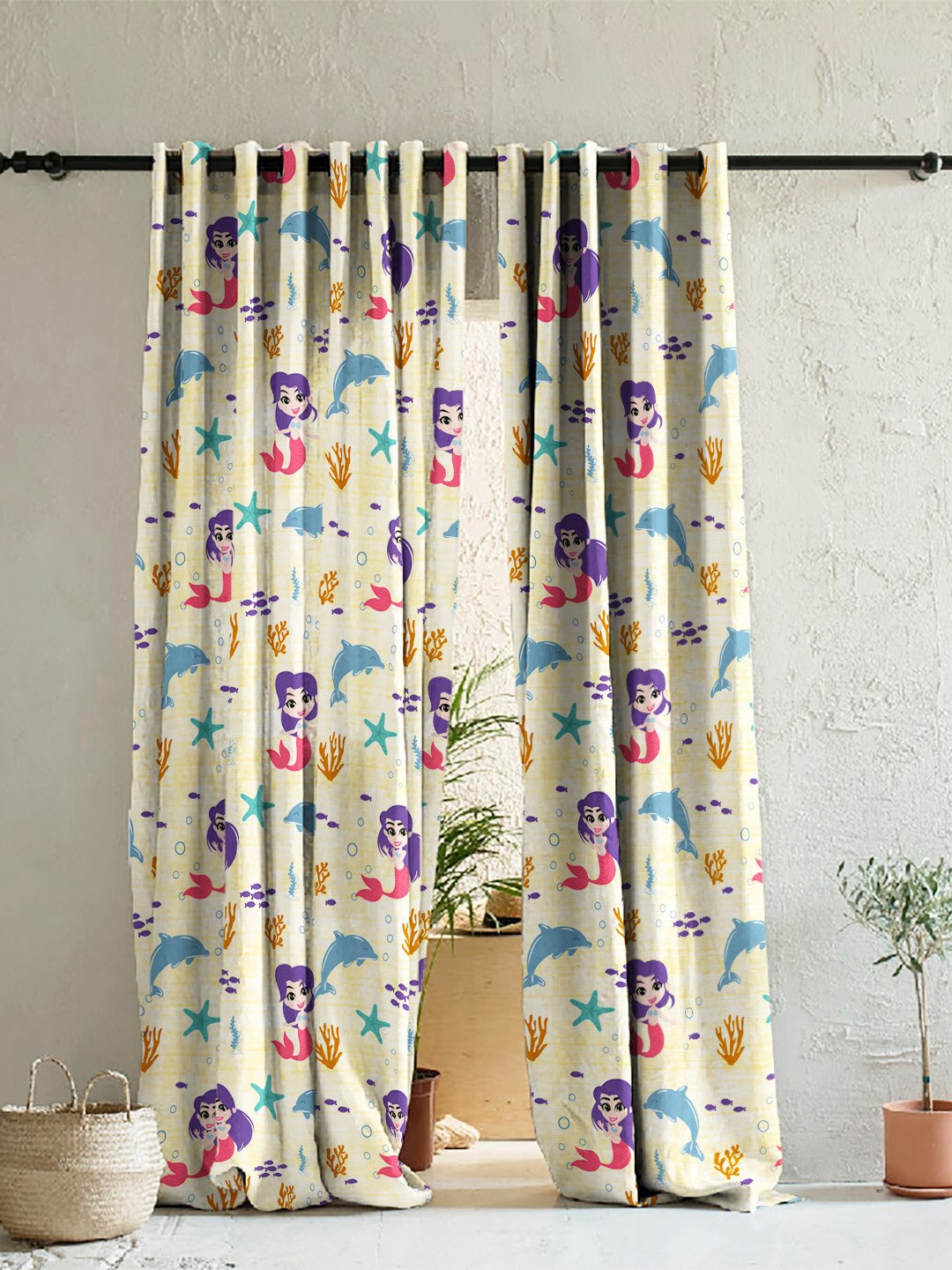 

SPACES Set Of 2 Yellow Kids Set Of 2 Yellow Quirky Print Satin Room Darkening Long Door Curtain 9 Ft