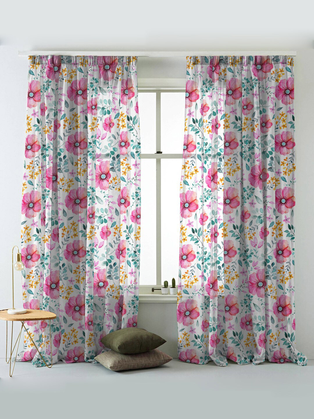 

SPACES Set Of 2 Pink Elegent Floral Print Sheer Semi Transparent Door Curtain 7 Ft, White