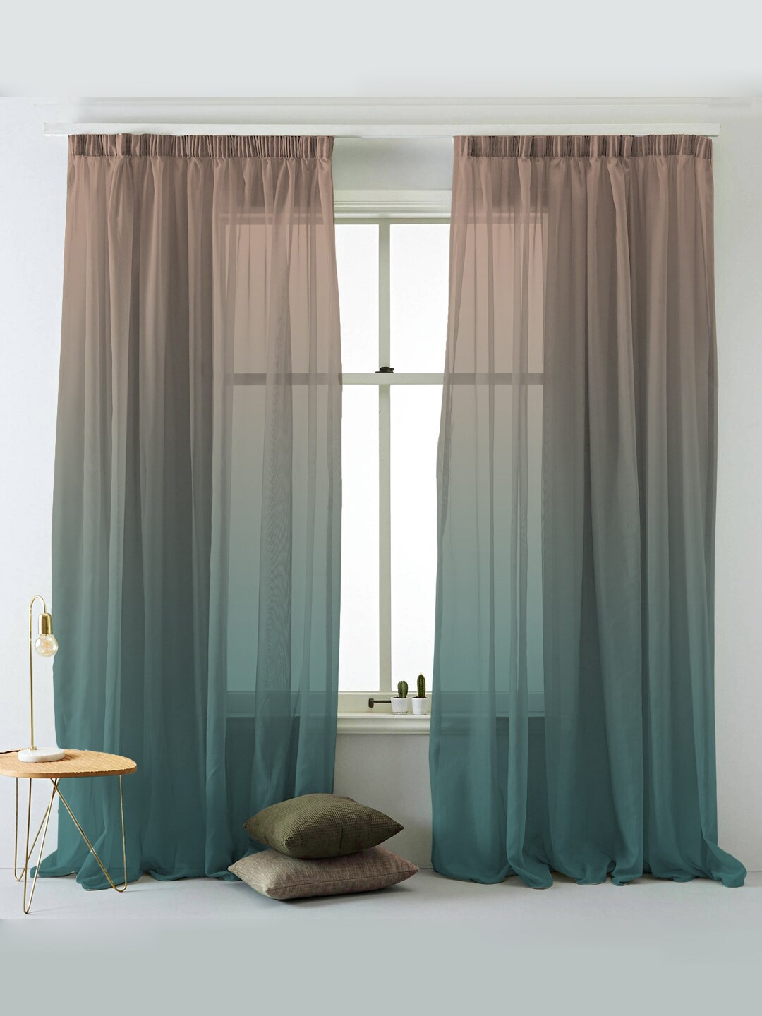 

SPACES Set Of 2 Teal Elegent Ombre Print Sheer Semi Transparent Window Curtain 5 Ft