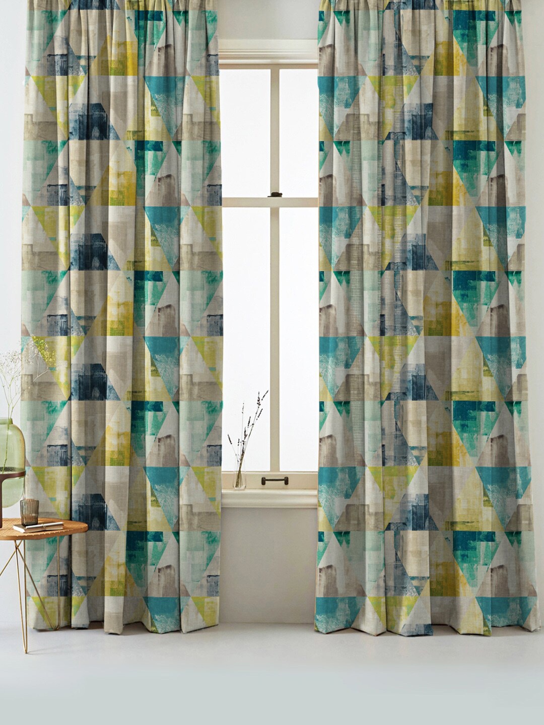 

SPACES Set Of 2 Yellow Elegent Geometric Print Matt Finish Black Out Door Curtain 7 Ft, Grey