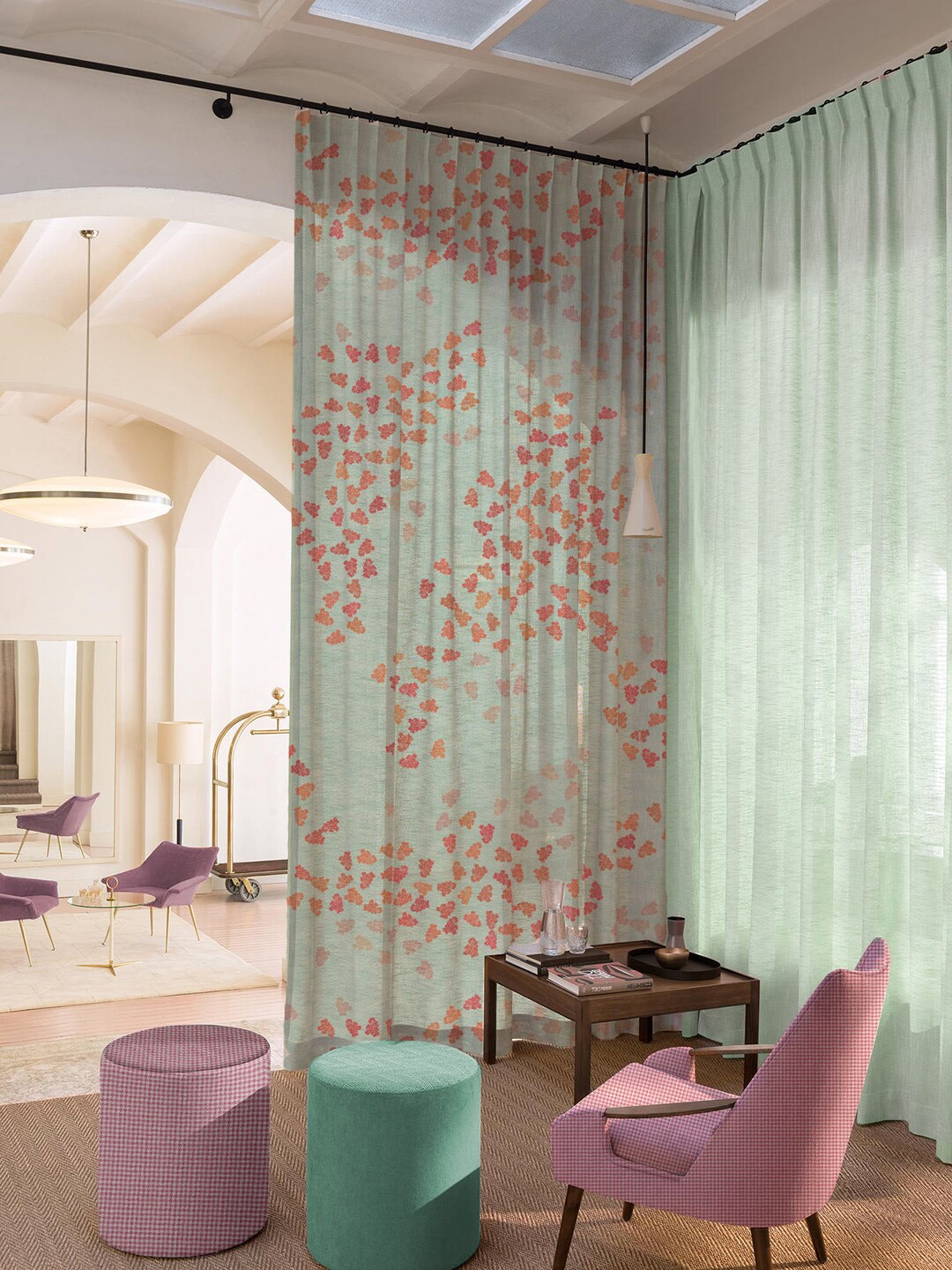 

SPACES Set Of 2 Turquoise Elegent Coral Print Sheer Semi Transparent Long Door Curtain 9 Ft, Turquoise blue