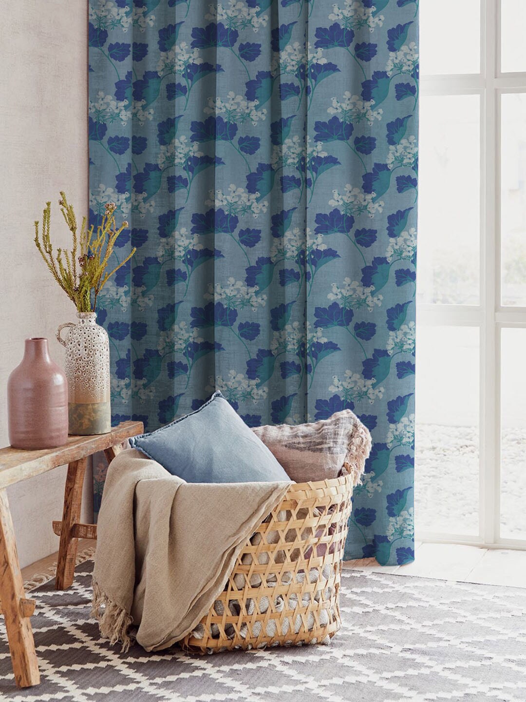 SPACES Set Of 2 Blue Elegent Floral Print Matt Finish Black Out Long Door Curtain 9 Ft