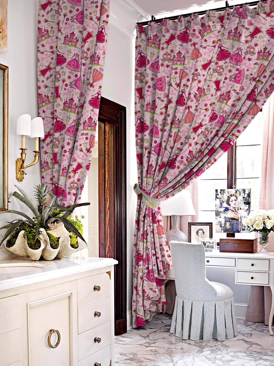 

SPACES Set Of 2 Pink Kids Set Of 2 Pink Quirky Print Satin Room Darkening Long Door Curtain 9 Ft