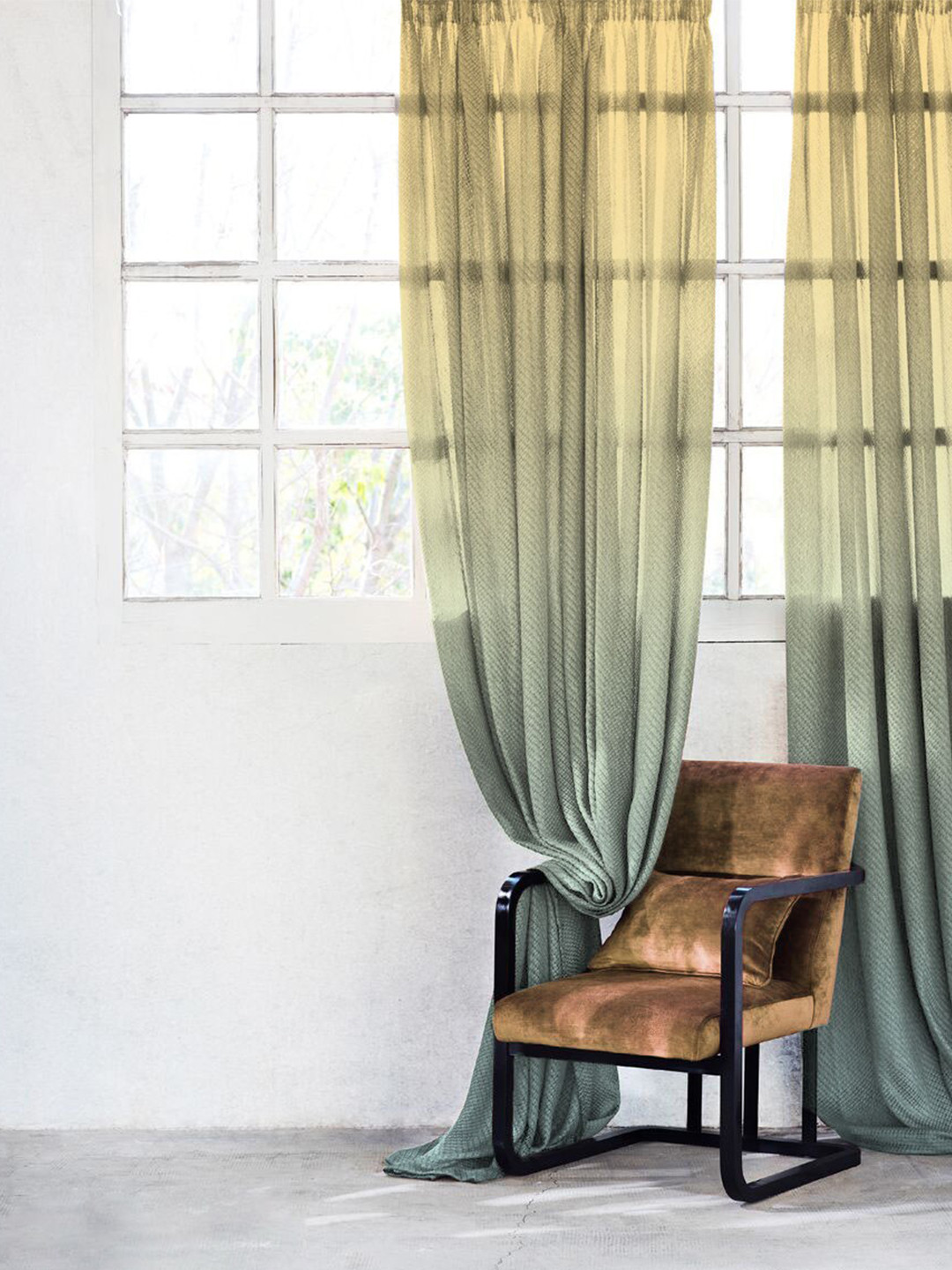 

SPACES Set Of 2 Yellow Elegent Ombre Print Sheer Semi Transparent Window Curtain 5 Ft