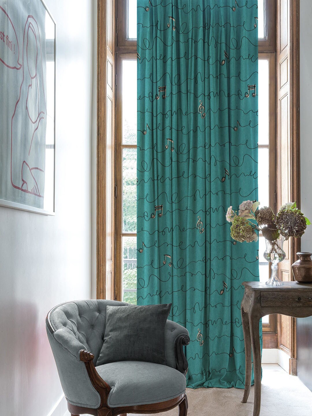 

SPACES Set Of 2 Teal Elegent Abstract Print Matt Finish Black Out Window Curtain 5 Ft