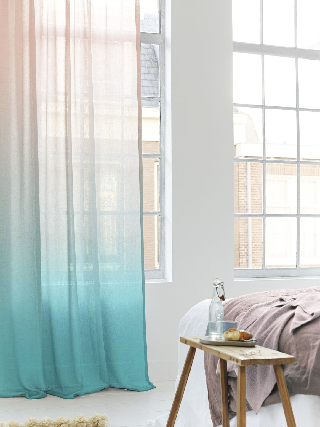 

SPACES Set Of 2 Teal Elegent Ombre Print Sheer Semi Transparent Door Curtain 7 Ft