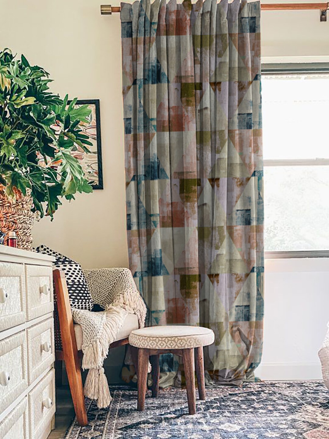 

SPACES Set Of 2 Blue Elegent Geometric Print Matt Finish Black Out Door Curtain 7 Ft