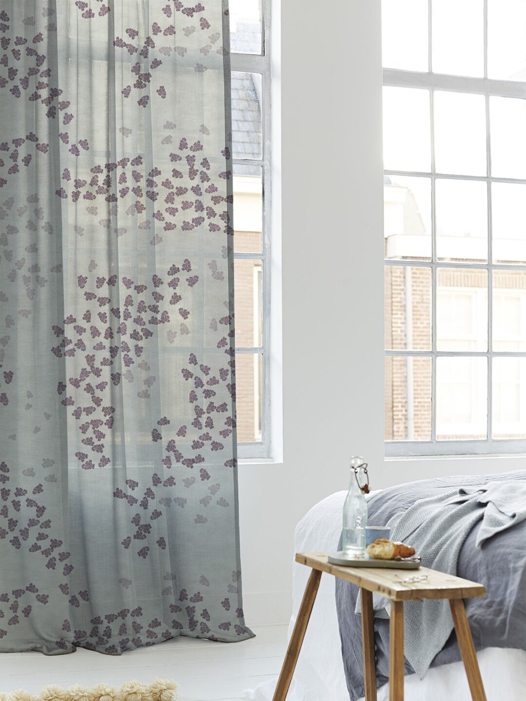 

SPACES Set Of 2 Grey Elegent Coral Print Sheer Semi Transparent Long Door Curtain 9 Ft
