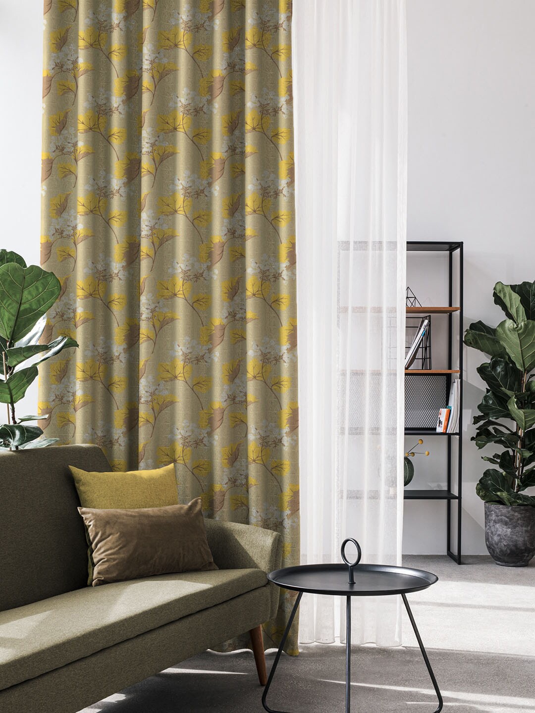 SPACES Set Of 2 Yellow Elegent Floral Print Matt Finish Black Out Long Door Curtain 9 Ft