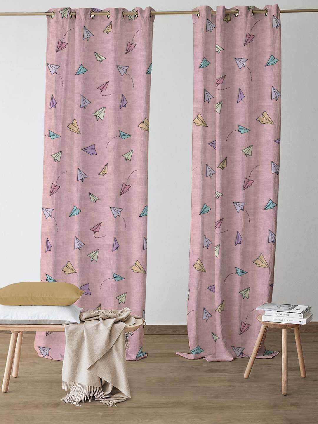 

SPACES Kids Set Of 2 Pink Quirky Print Satin Room Darkening Window Curtain 5 Ft
