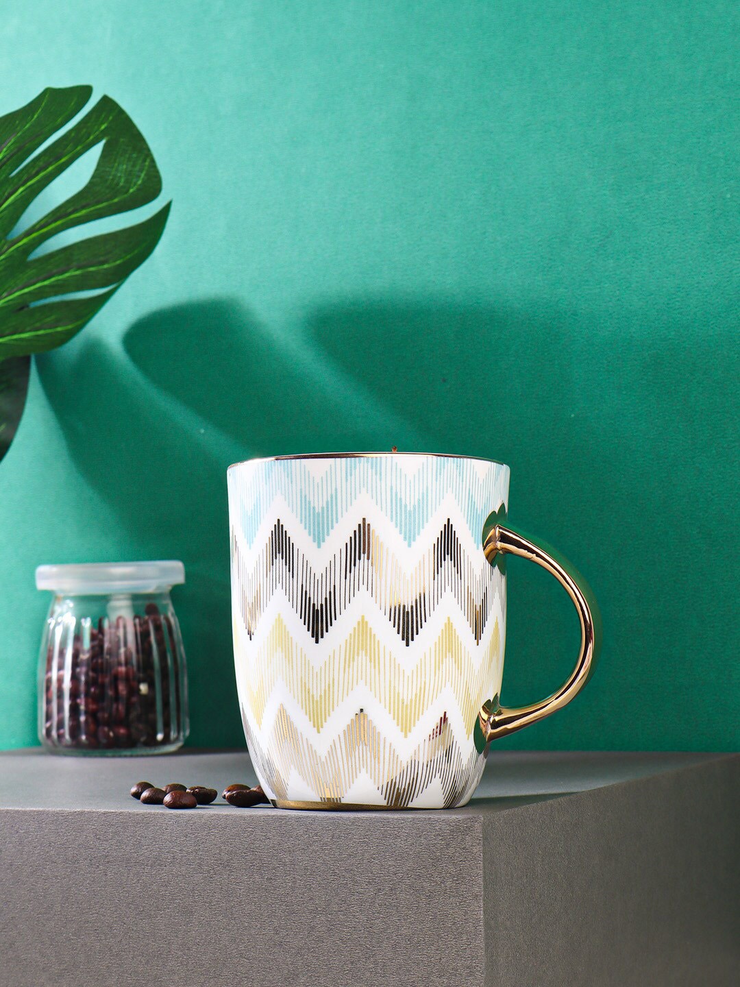 

Femora White & Blue Geometric Printed Bone China Glossy Mug 360 ml Each