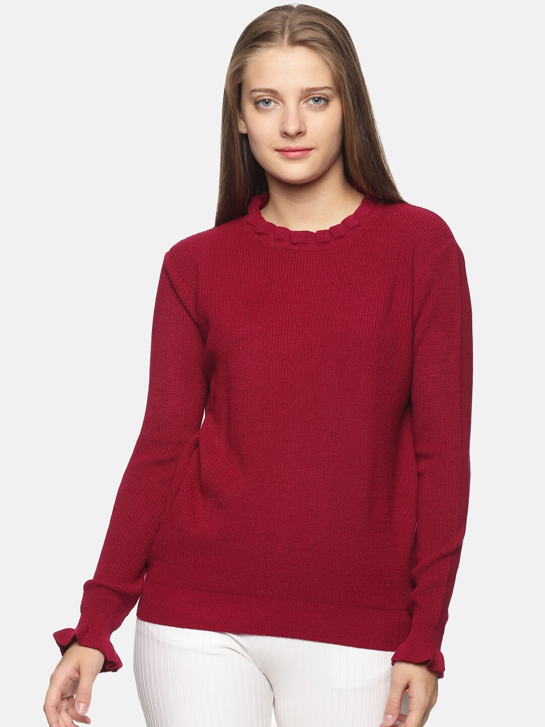 

DAiSY Women Magenta Ribbed Acrylic Pullover Sweater