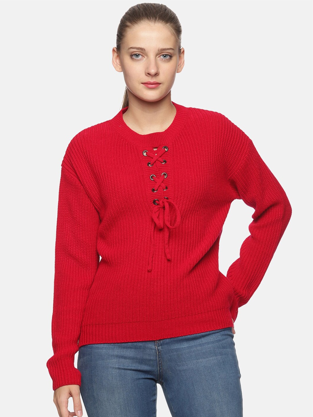 

DAiSY Women Red Ribbed Acrylic Pullover Sweater
