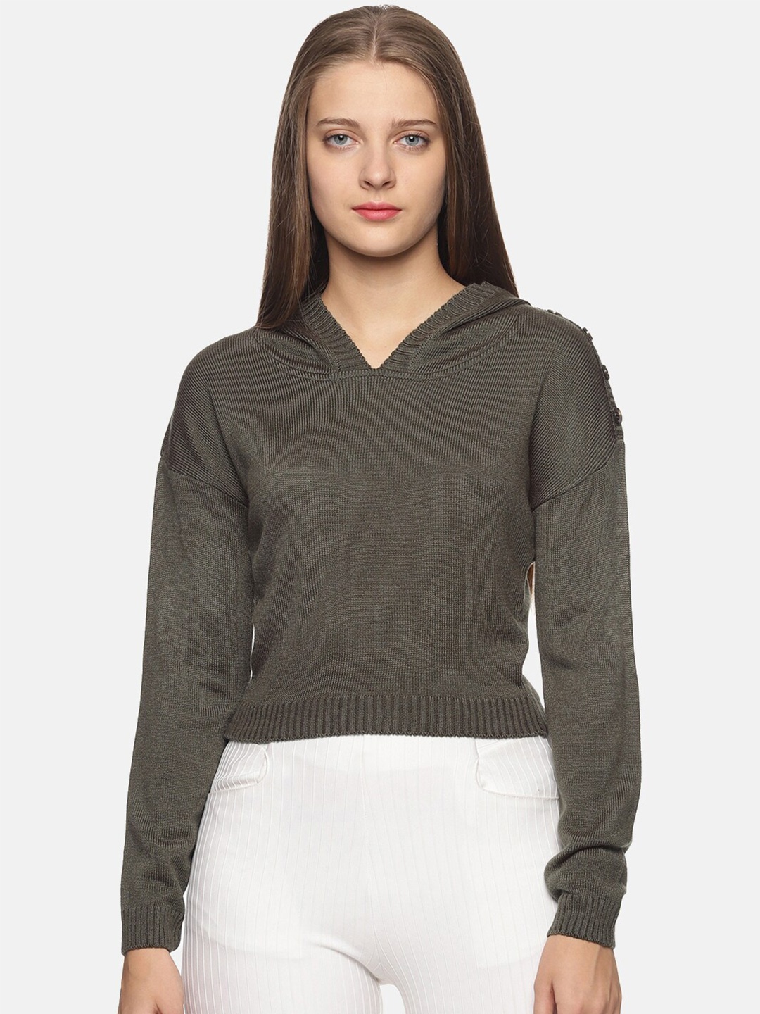 

DAiSY Women Hooded Acrylic Pullover Sweater, Olive